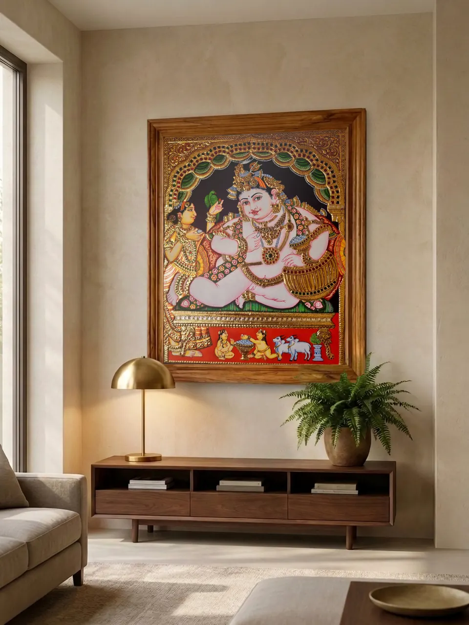 Room visualisation: Navaneetha Krishna in a plain teak frame on a wall