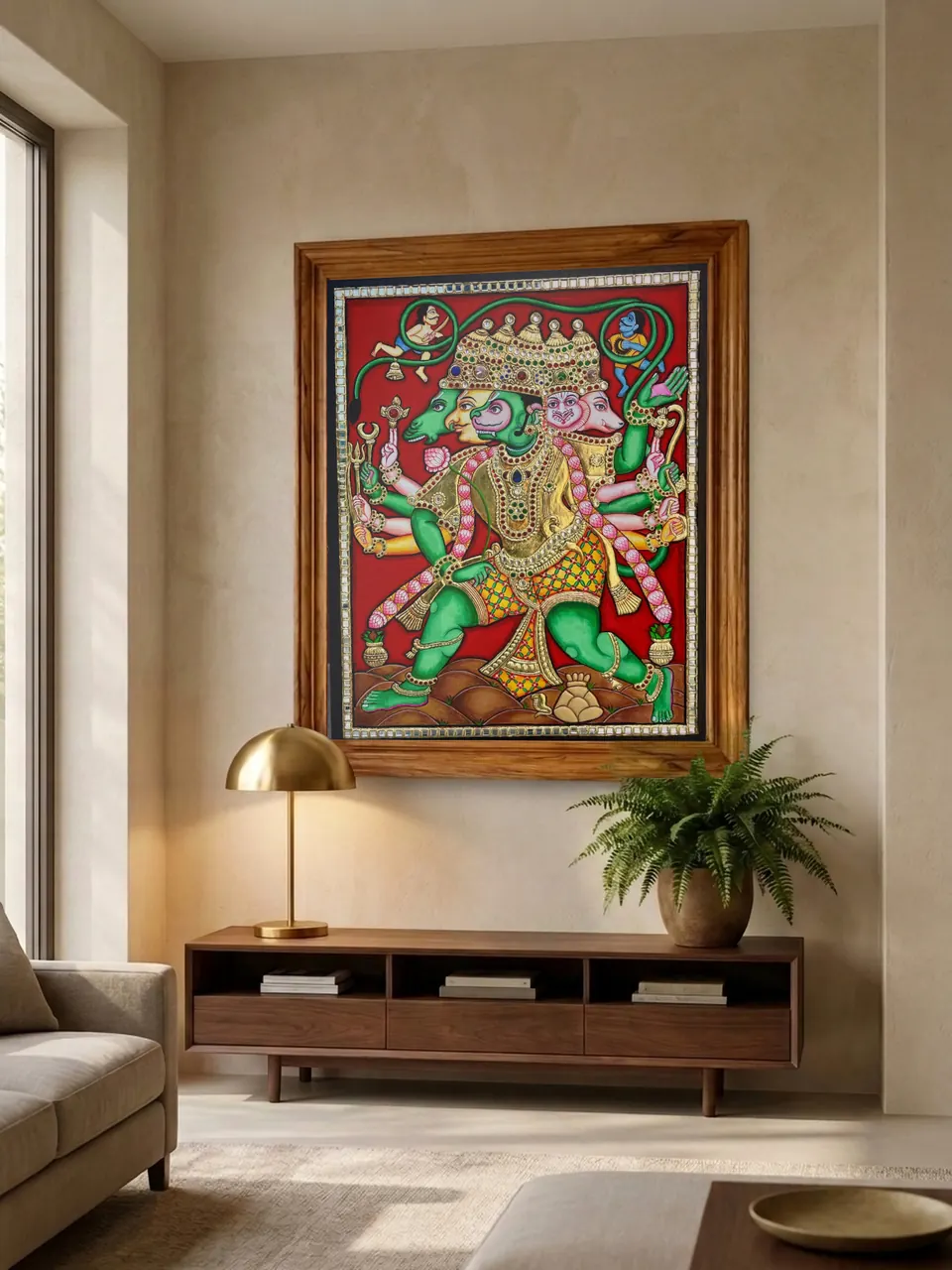 Room visualisation: Panchamukha Hanuman in a plain teak frame on a wall