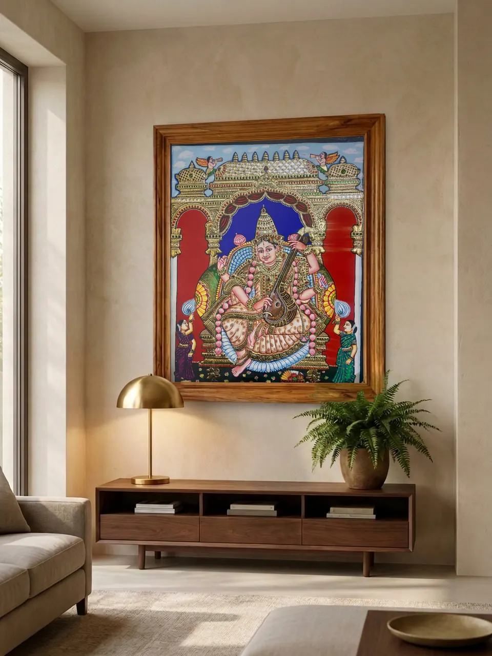 Room visualisation: Saraswati in the temple court in a plain teak frame on a wall