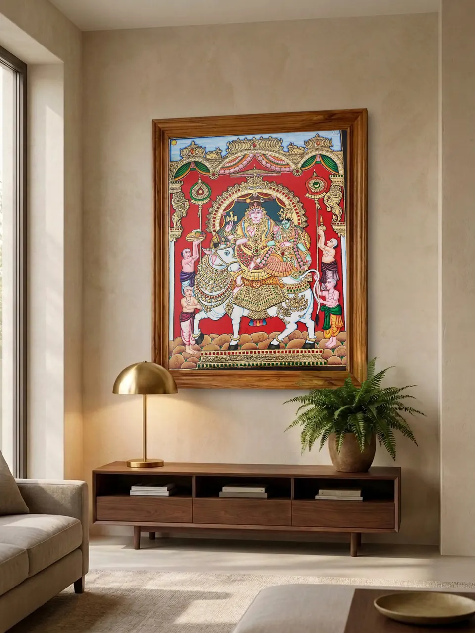 Room visualisation: Shiva and Parvati on Nandi in a plain teak frame on a wall